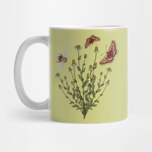 Botanical illustration of chamomile, butterfly and bumblebee plants Mug
